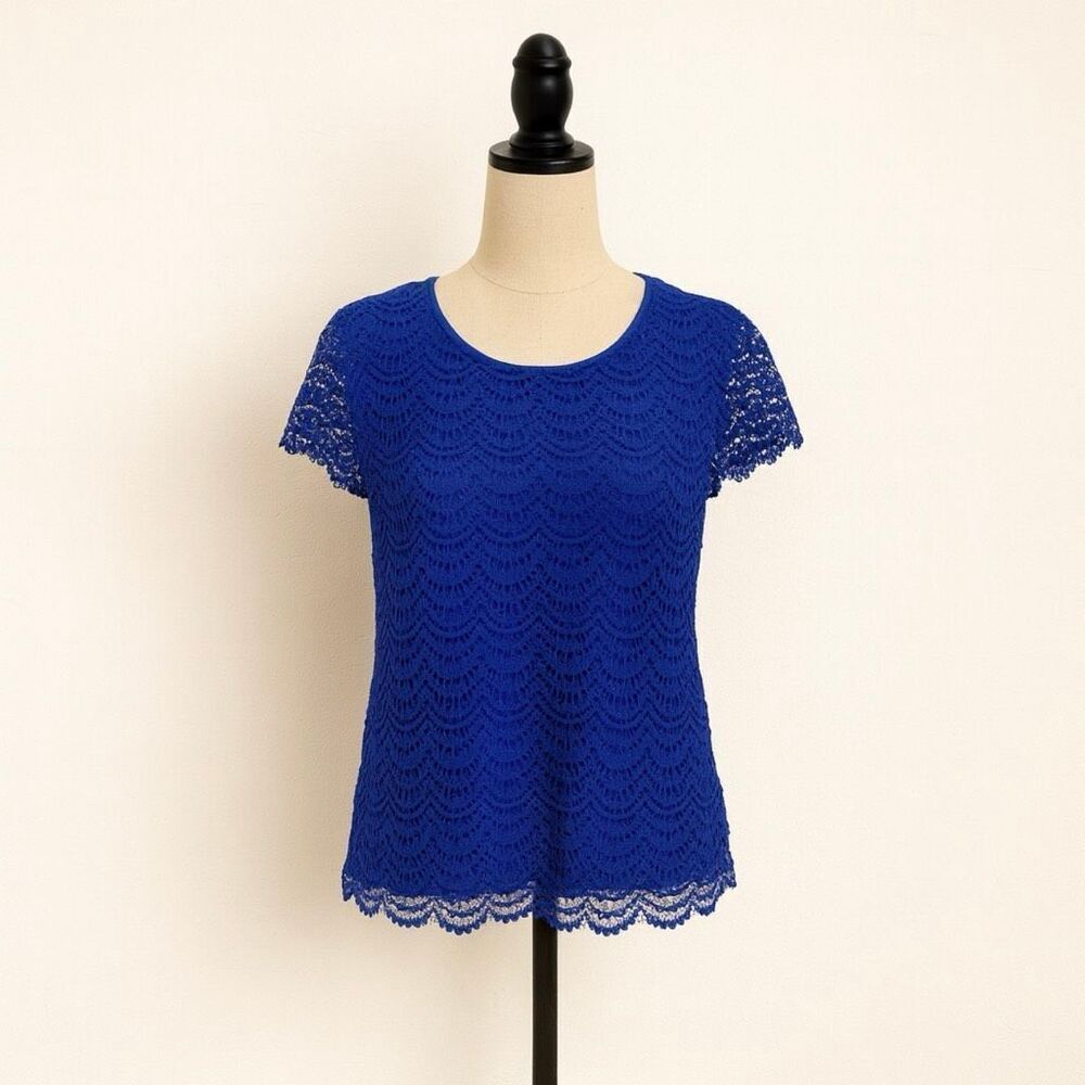 Banana Republic 4P Petite Royal Blue Crochet Lace Top – Lined Short Sleeve Blous